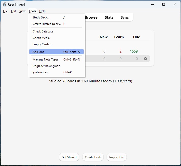 A screenshot showing where to find the Anki Add-ons button.